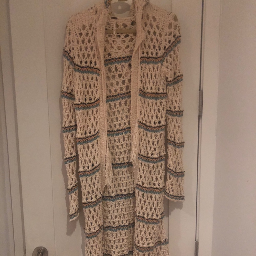 Free People Fringe Long Crochet Cardigan